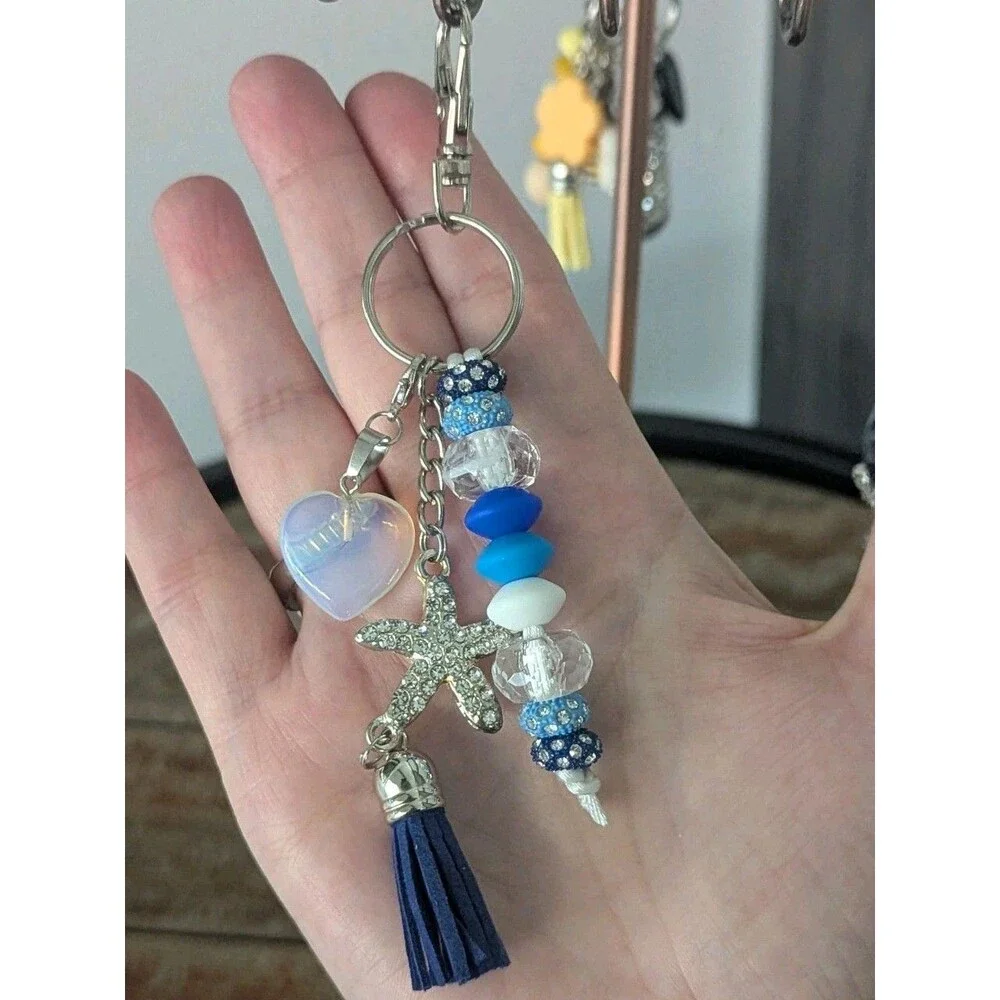 Handmade Bag Charm With Starfish & Heart - Dark Blue